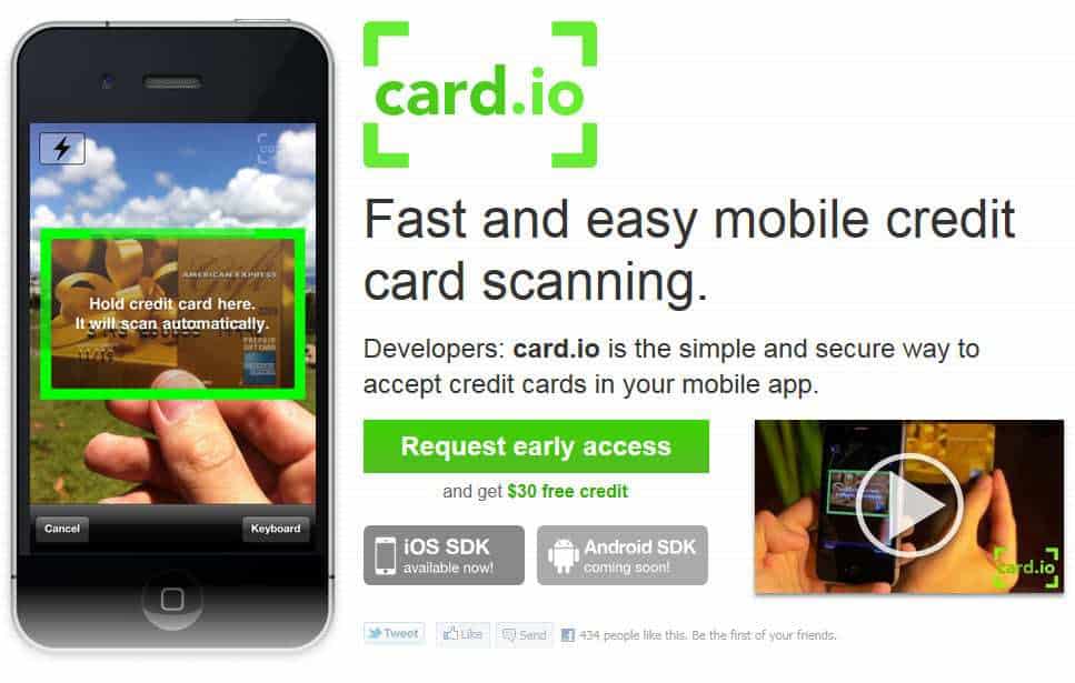Snap Shot of Card.io site