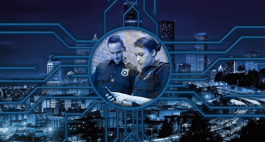 Facial recognition software - police with smartphone - technology