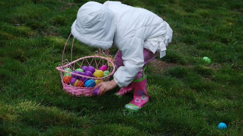 QR code Easter egg hunt - child collecting Easter eggs