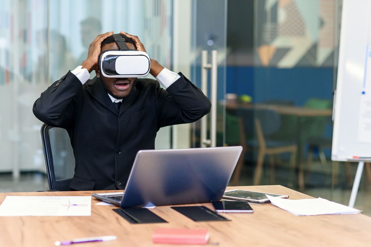 VR technology - Person wearing VR headset looking surprised
