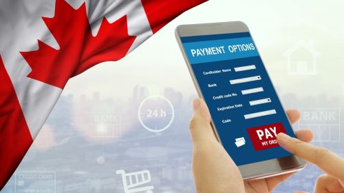Mobile payments - Person using mobile to pay - Canada Flag
