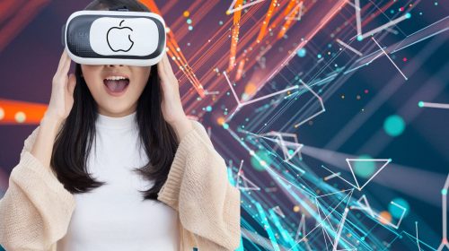 Virtual reality - Woman wearing VR headset - Apple logo