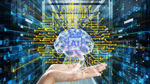 AI supercomputer - Hand holding up digital brain