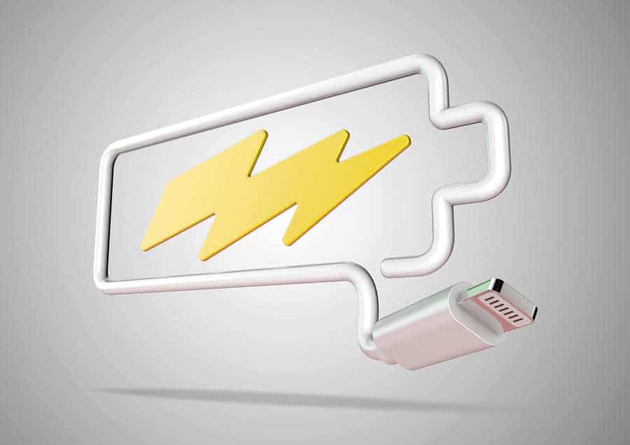 Smartphone battery life Computer cable and plug makes battery logo with lightening bolt battery pack