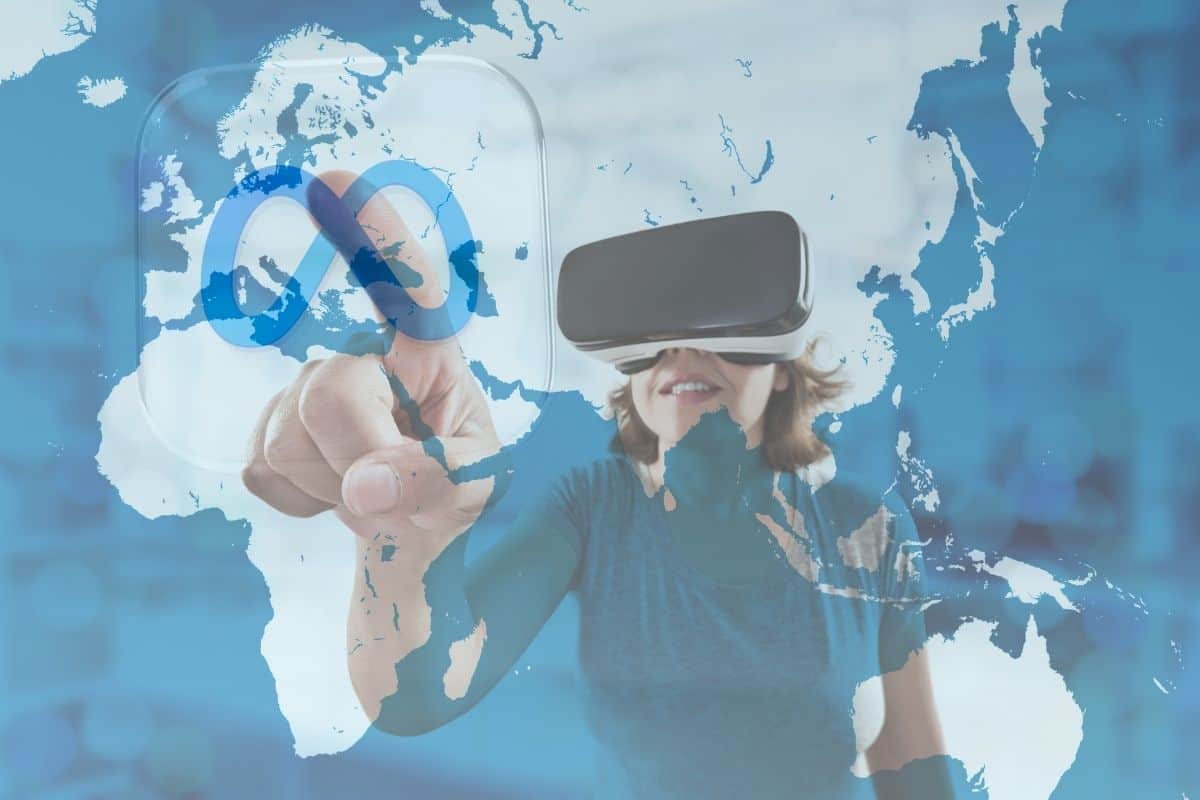 Virtual Reality - Meta logo - woman using VR - world