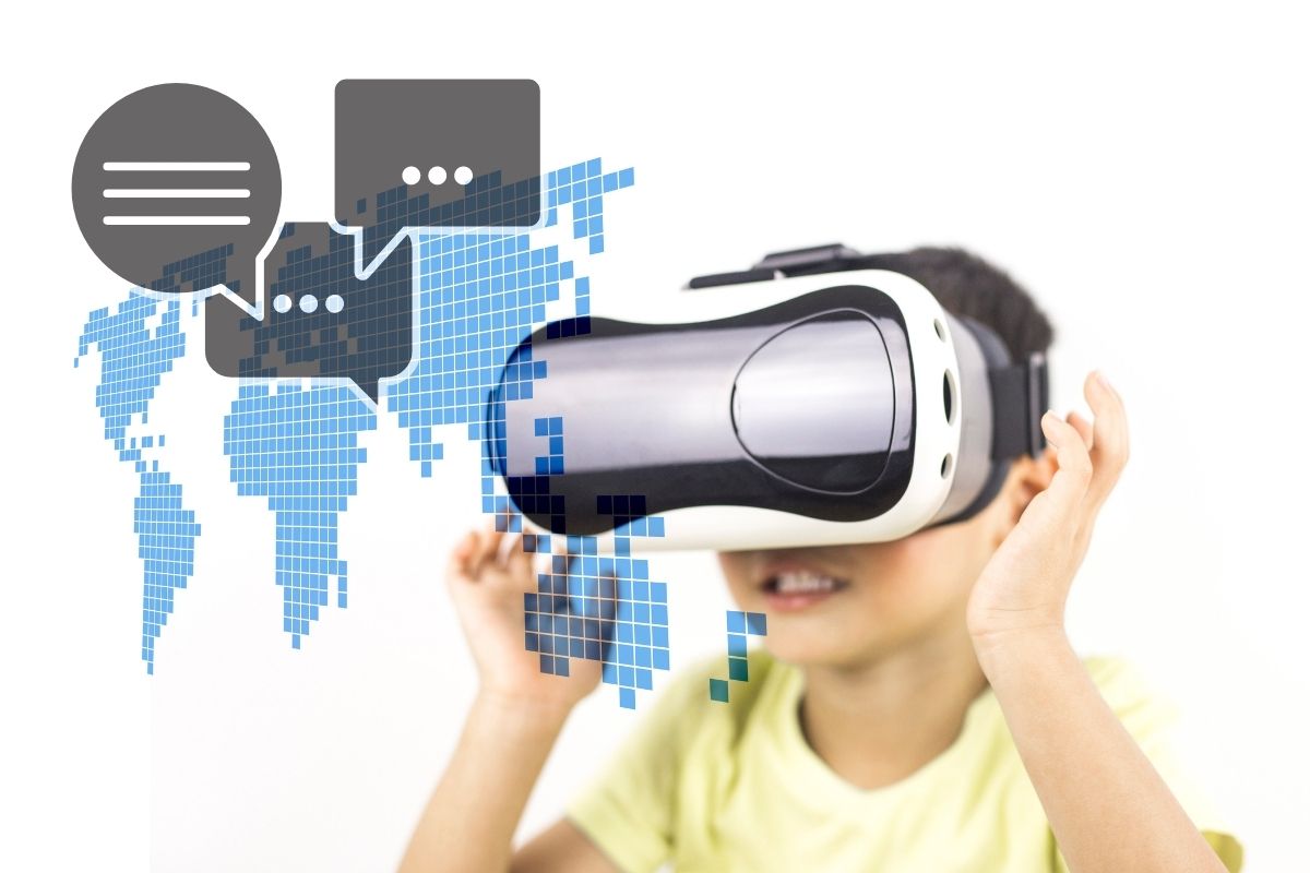 Virtual reality - child wearing VR headset - world - chat
