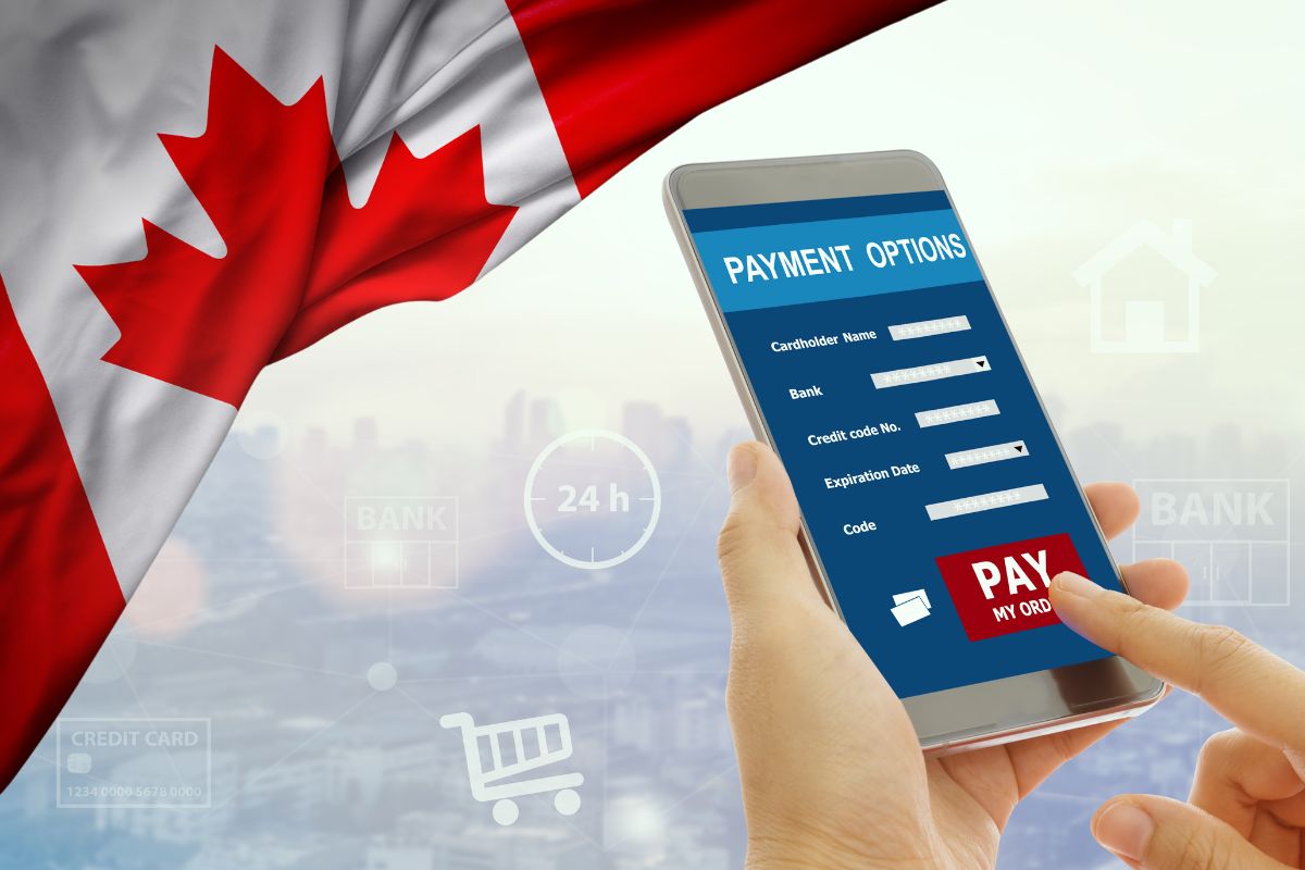 Mobile payments - Person using mobile to pay - Canada Flag