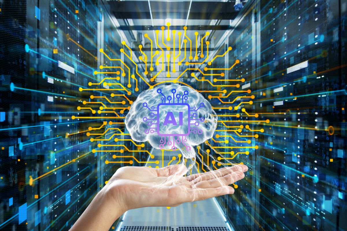 AI supercomputer - Hand holding up digital brain